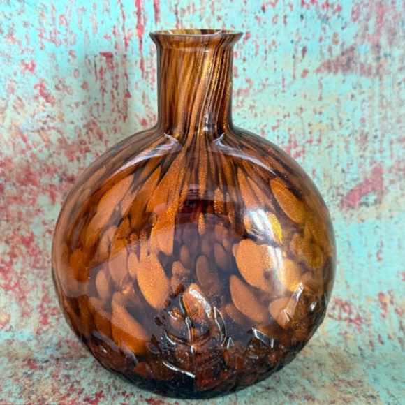 VINTAGE Vase Decorative Dark Amber Glass Raised Leaves 6" - Picture 1 of 5